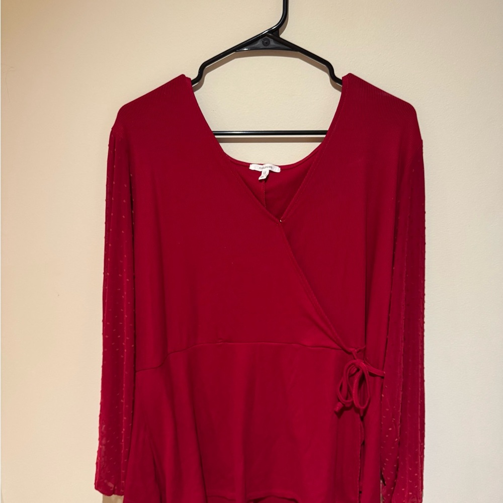 Maurices Red Wrap Tie Front Blouse with Sheer Dotted Sleeves
